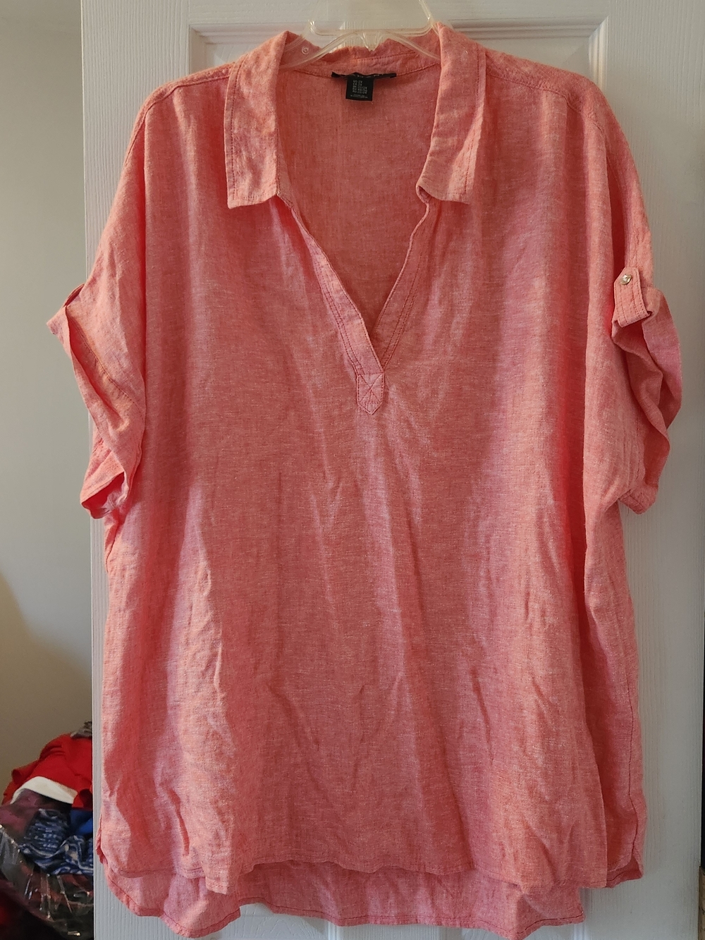 Tahari Coral Pink V-Neck Roll-Sleeve Linen Blend Tunic